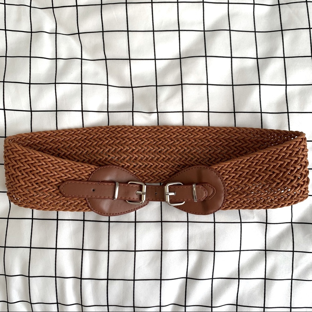 Wide brown braided belt with two buckles